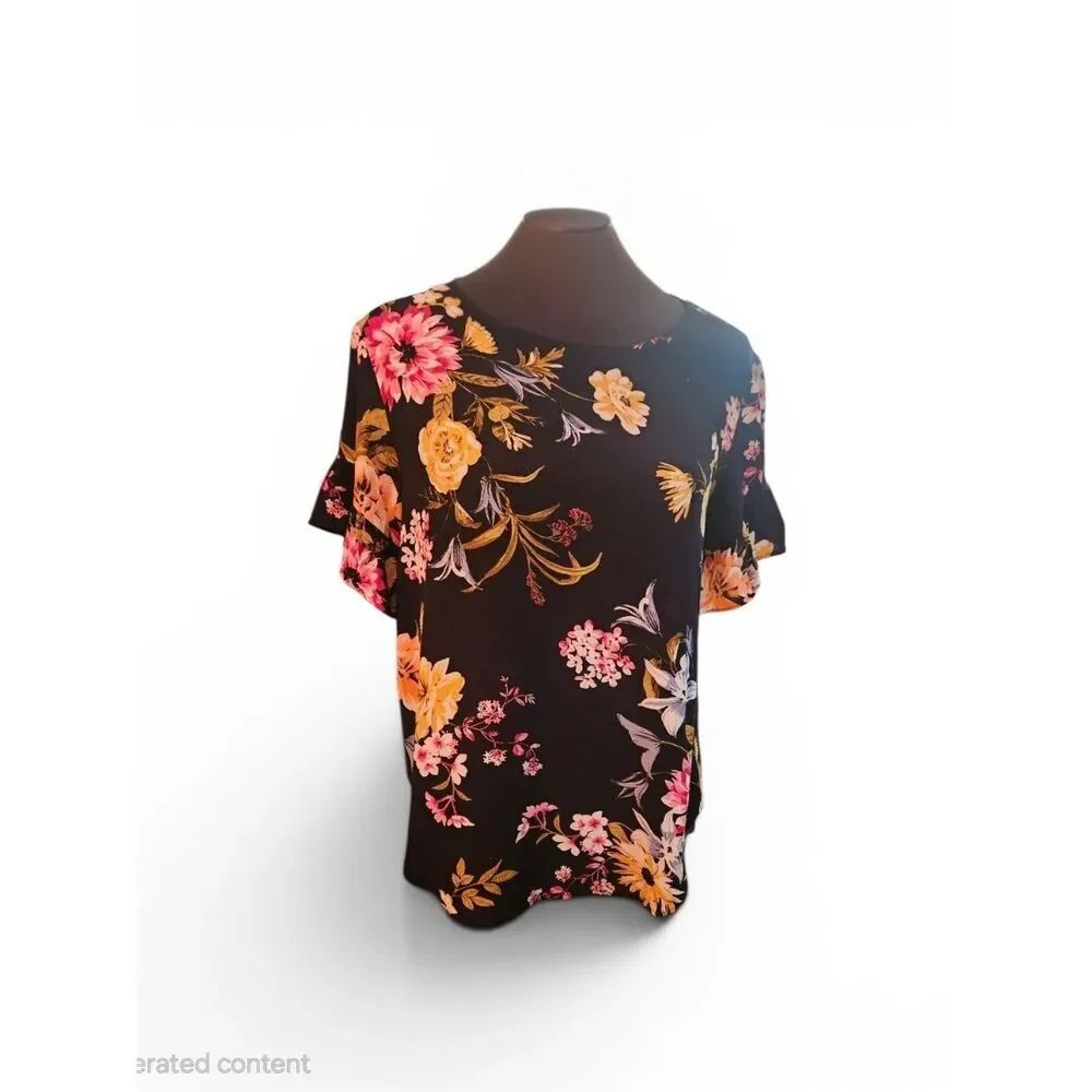 LOFT Floral Flutter Sleeve Blouse Black Rayon Relaxed Fit Top Size Small